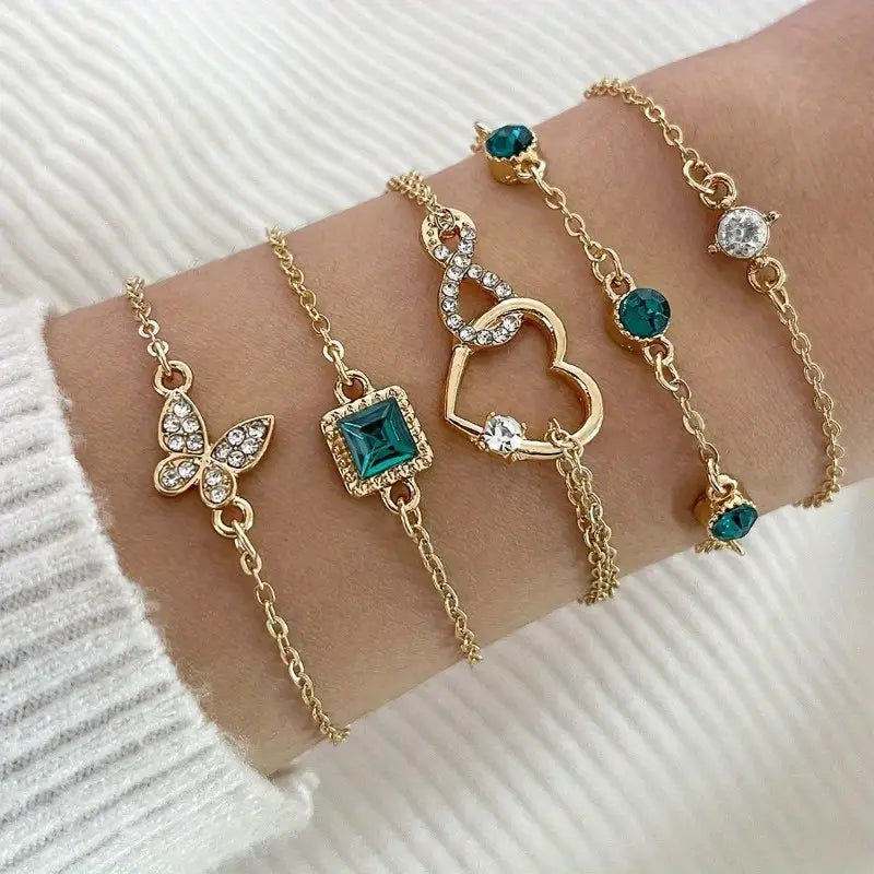 5pcs Thin Chain Bracelet Inlaid Shiny Green Rhinestone