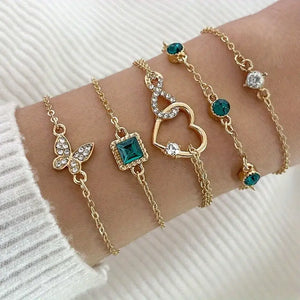 5pcs Thin Chain Bracelet Inlaid Shiny Green Rhinestone