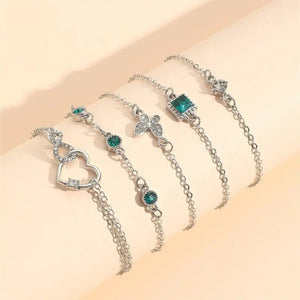 5pcs Thin Chain Bracelet Inlaid Shiny Green Rhinestone