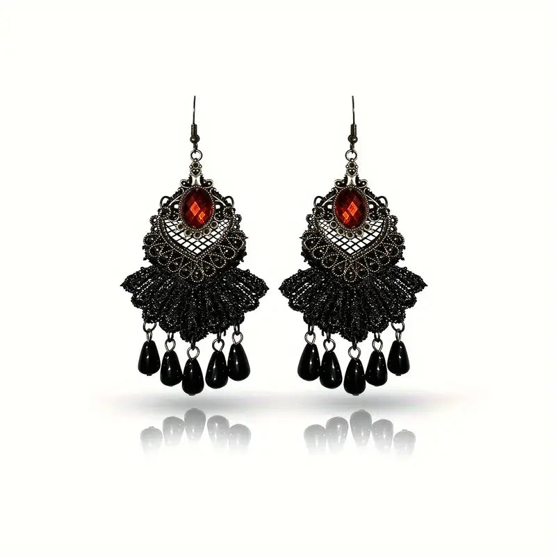 Boho-Chic Black Lace Tassel Earrings with Red Crystal – Handmade Vintage Statement Jewelry for Women
