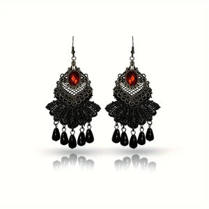 Boho-Chic Black Lace Tassel Earrings with Red Crystal – Handmade Vintage Statement Jewelry for Women