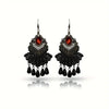 Boho-Chic Black Lace Tassel Earrings with Red Crystal – Handmade Vintage Statement Jewelry for Women
