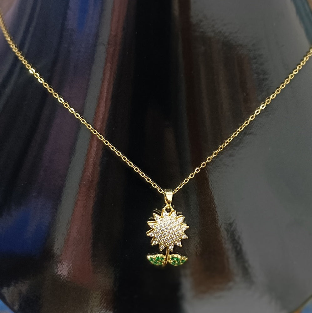 Golden Sunflower Pendant Necklace  Elegant Floral Jewelry with Sparkling Crystals