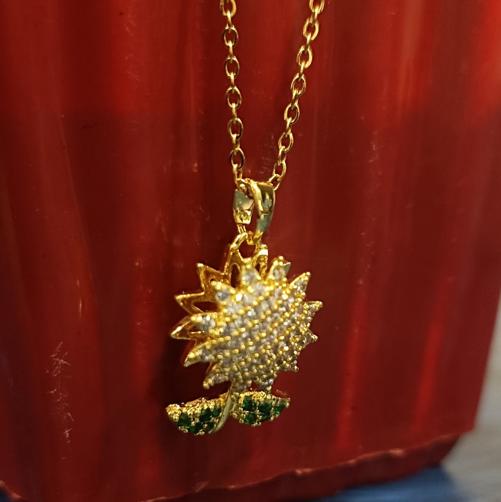 Golden Sunflower Pendant Necklace  Elegant Floral Jewelry with Sparkling Crystals