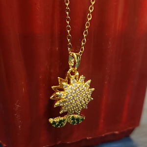 Golden Sunflower Pendant Necklace  Elegant Floral Jewelry with Sparkling Crystals