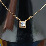 Golden Square-Cut Crystal Pendant Necklace – Elegant Halo Design