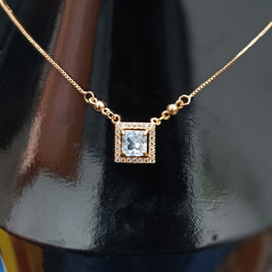 Golden Square-Cut Crystal Pendant Necklace – Elegant Halo Design