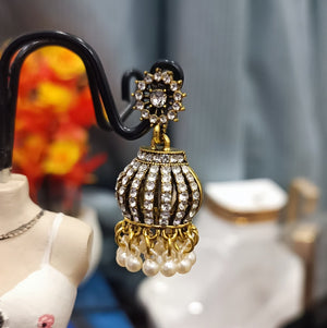 Golden Jhumka Earrings with White Stones & Pearl Drops-Traditional & Party Wear Jewelry