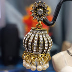 Golden Jhumka Earrings with White Stones & Pearl Drops-Traditional & Party Wear Jewelry