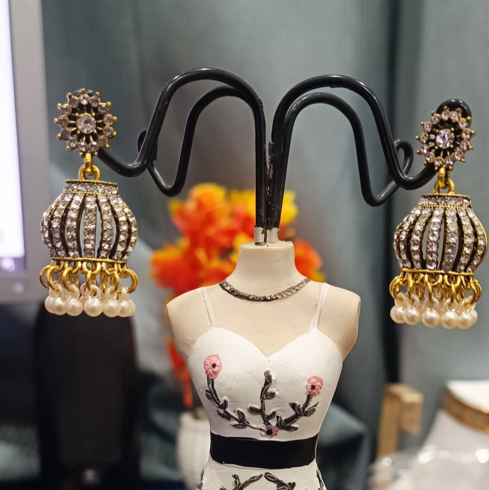 Golden Jhumka Earrings with White Stones & Pearl Drops-Traditional & Party Wear Jewelry
