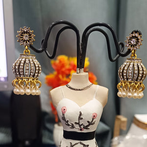 Golden Jhumka Earrings with White Stones & Pearl Drops-Traditional & Party Wear Jewelry