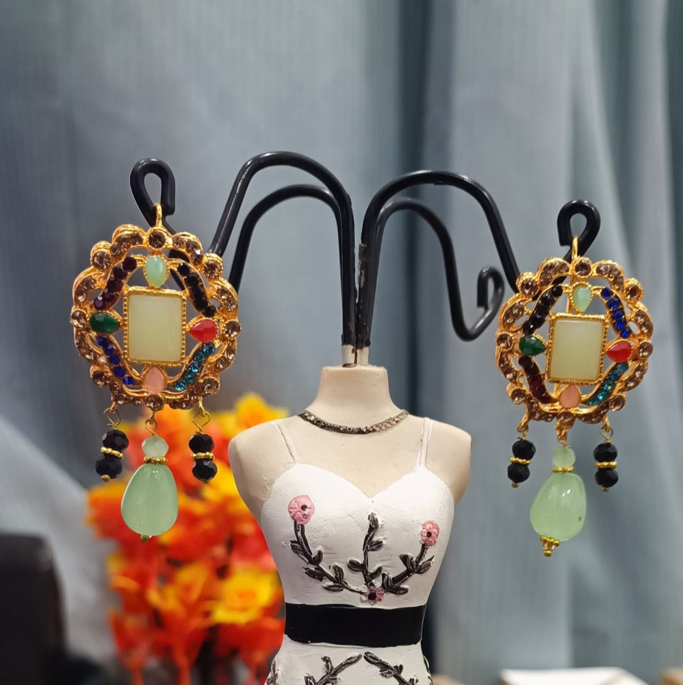Luxury Multicolor Gemstone Statement Earrings – Golden Plated Traditional Dangle Jewelry
