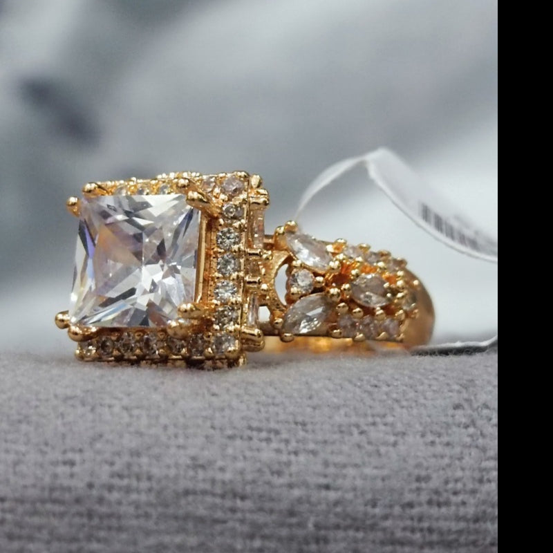 Gold-Tone Crystal Statement Ring with Princess Cut Center – Elegant Fashion Jewelry for Women