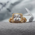 Gold-Tone Crystal Statement Ring with Princess Cut Center – Elegant Fashion Jewelry for Women