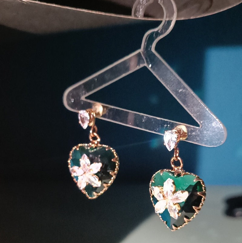 Elegant Green Heart Earrings with Floral Crystal Design