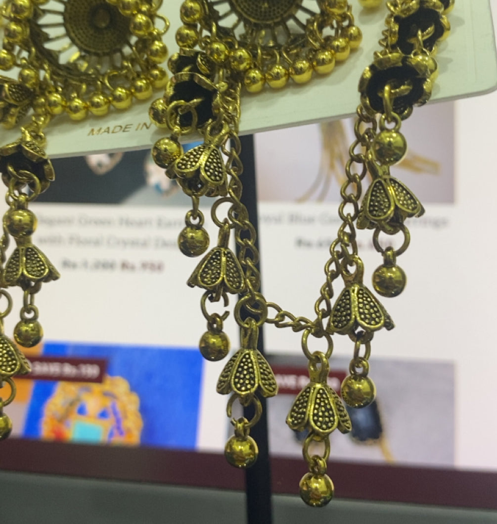 Traditional Gold Plated Chandbali Earrings with Ear Chains – Ethnic Indian Bridal Jewelry