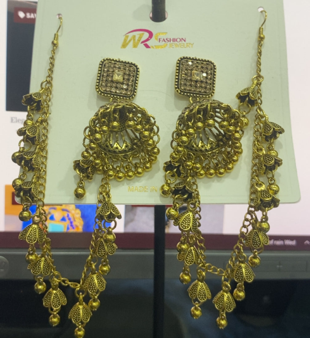 Traditional Gold Plated Chandbali Earrings with Ear Chains – Ethnic Indian Bridal Jewelry