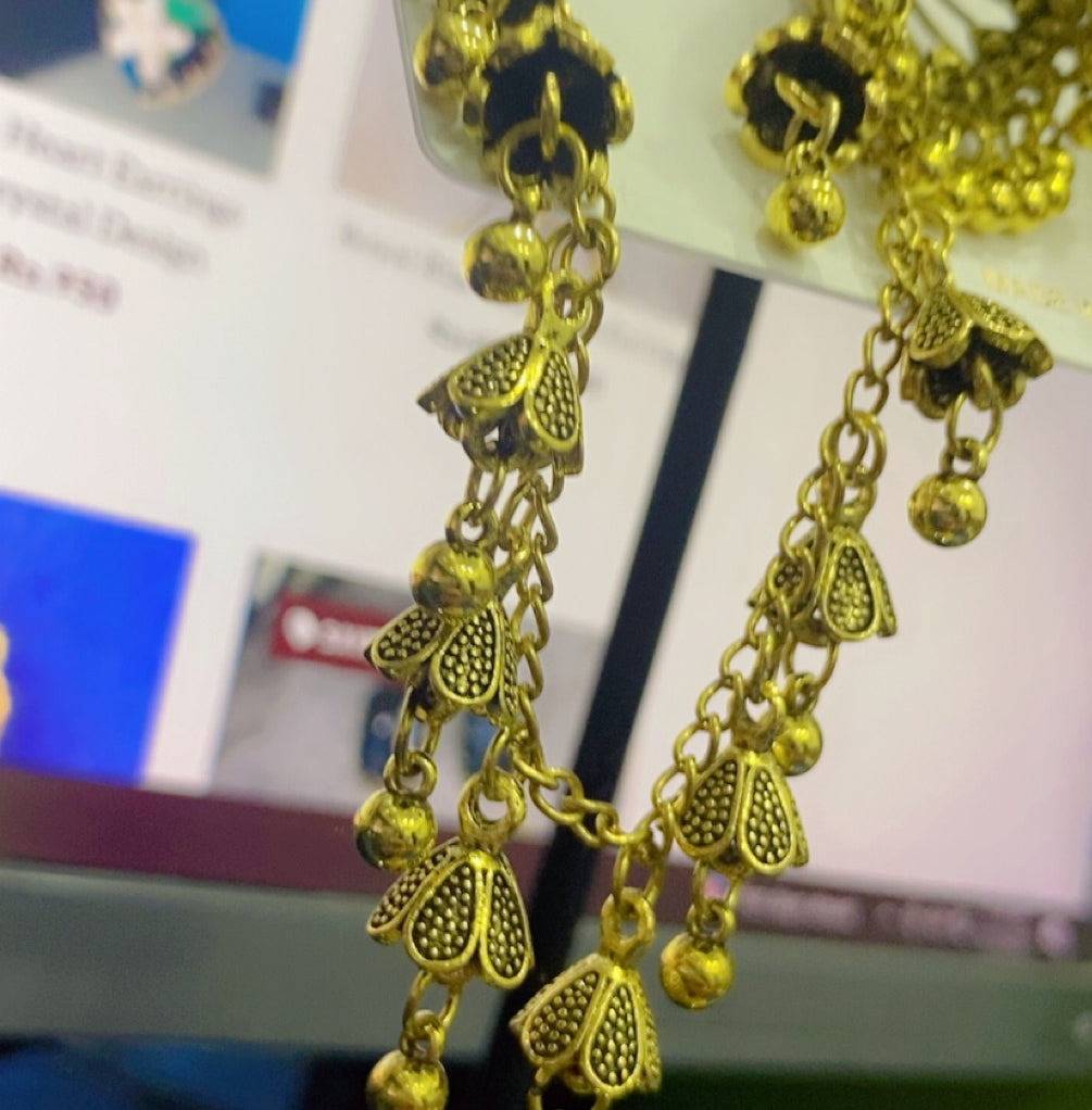 Traditional Gold Plated Chandbali Earrings with Ear Chains – Ethnic Indian Bridal Jewelry