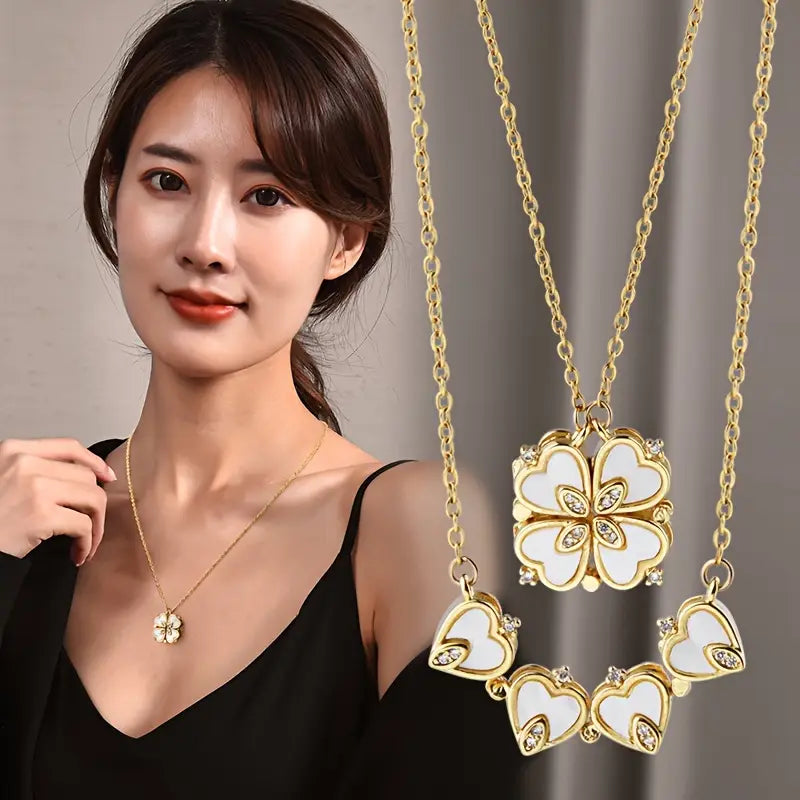 Heart-Shaped Four-leaf Clover Love Heart Full Of zirconia Pendant Necklace
