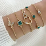 5pcs Thin Chain Bracelet Inlaid Shiny Green Rhinestone