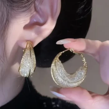 Chunky Mesh Pattern Shiny Zircon Decor Hoop Earrings
