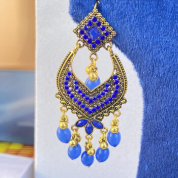 Golden and Blue Chandelier Earrings – Elegant Indian Ethnic Jewelry