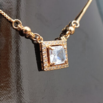 Golden Square-Cut Crystal Pendant Necklace – Elegant Halo Design