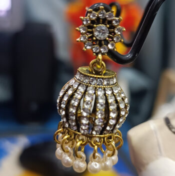Golden Jhumka Earrings with White Stones & Pearl Drops-Traditional & Party Wear Jewelry