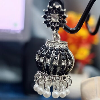 Elegant Black and Silver Jhumka Earrings with Pearl Drops – Perfect for Traditional & Party Wear